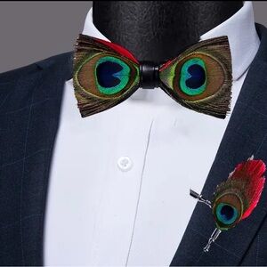 Peacock Feather Bow Tie and Lapel Pin Set